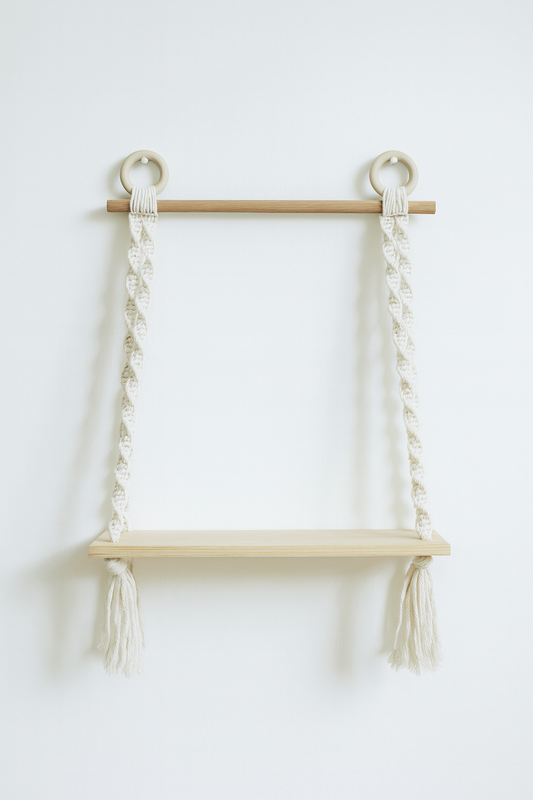 Macramé Hanging Shelf – Boho Wall Decor with Wooden Base